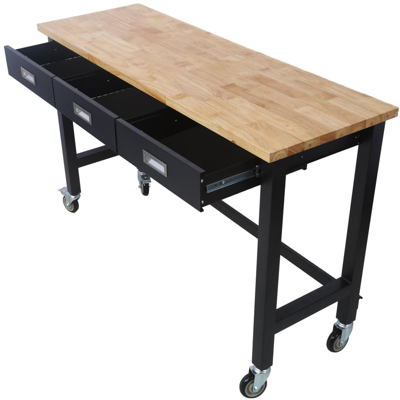 Work Bench, Workbench With Drawer Storage, Heavy Duty Bamboo Wood Work Table With Wheels For Garage Home Office