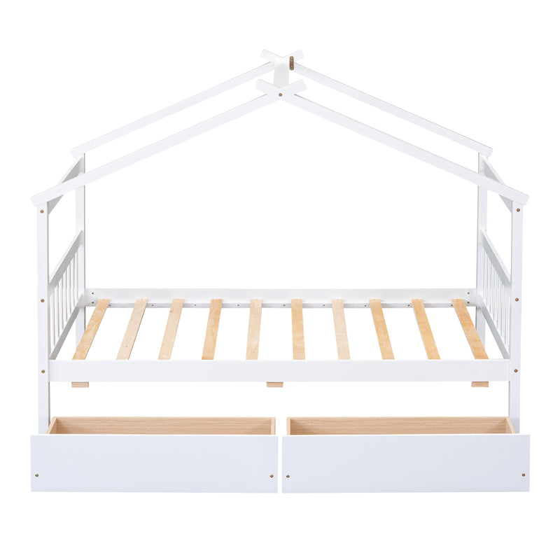 Twin Size Wooden House Bed with Drawers, White