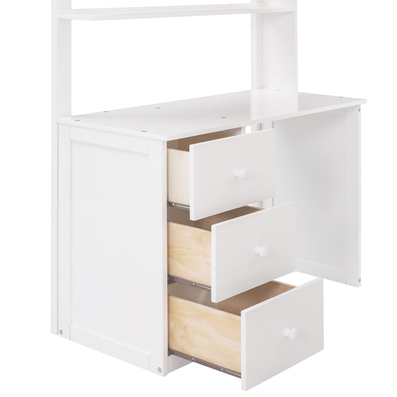 Twin size Loft Bed with Drawers,Desk,and Wardrobe-White