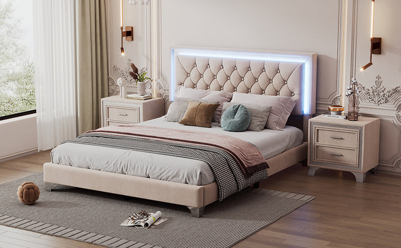 Queen Size Upholstered Bed Frame with LED Lights,Modern Velvet Platform Bed with Tufted Headboard,Beige