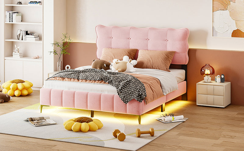 Queen Size Velvet Platform Bed with LED Frame and Stylish Mental Bed Legs, Pink