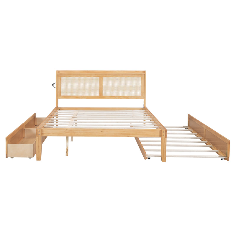 Queen Size Elegant Bed Frame with Rattan Headboard and Sockets ,Walnut