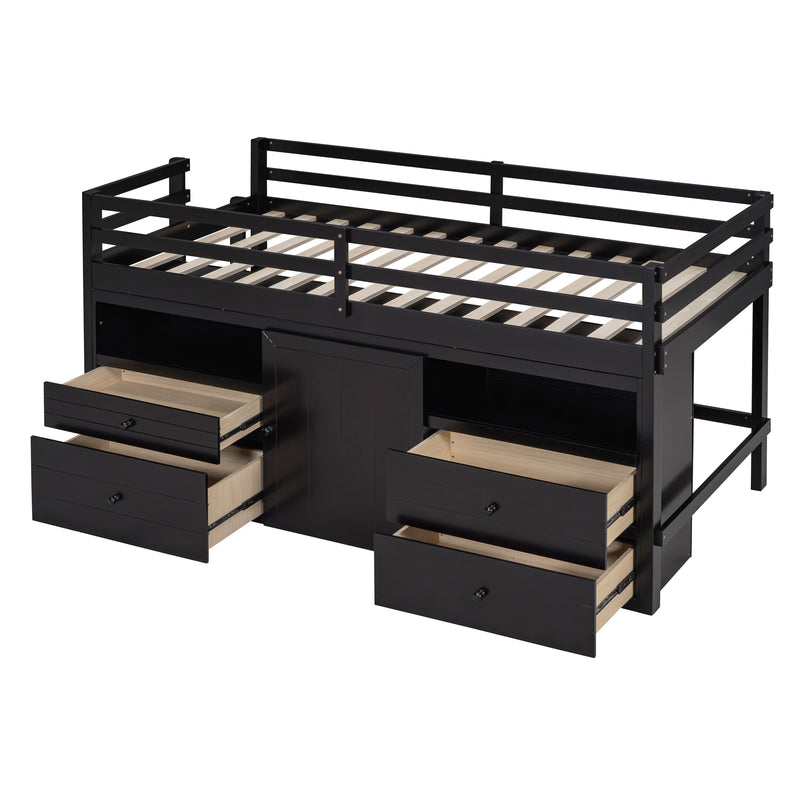 Twin Size Loft Bed with 4 Drawers, Underneath Cabinet and Shelves, Espresso