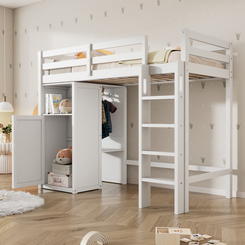 Twin Loft Bed with Wardrobe, Storage Shelves and Ladder, White