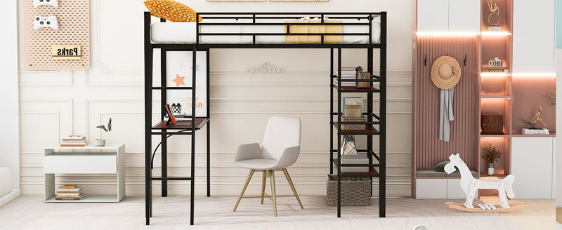 Loft Metal Bed With 3 Layers Of Shelves And Desk, Stylish Metal Frame Bed With Whiteboard