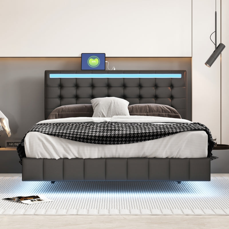 Queen Size Floating Bed Frame with LED Lights and USB Charging,Modern Upholstered Platform LED Bed Frame,Black