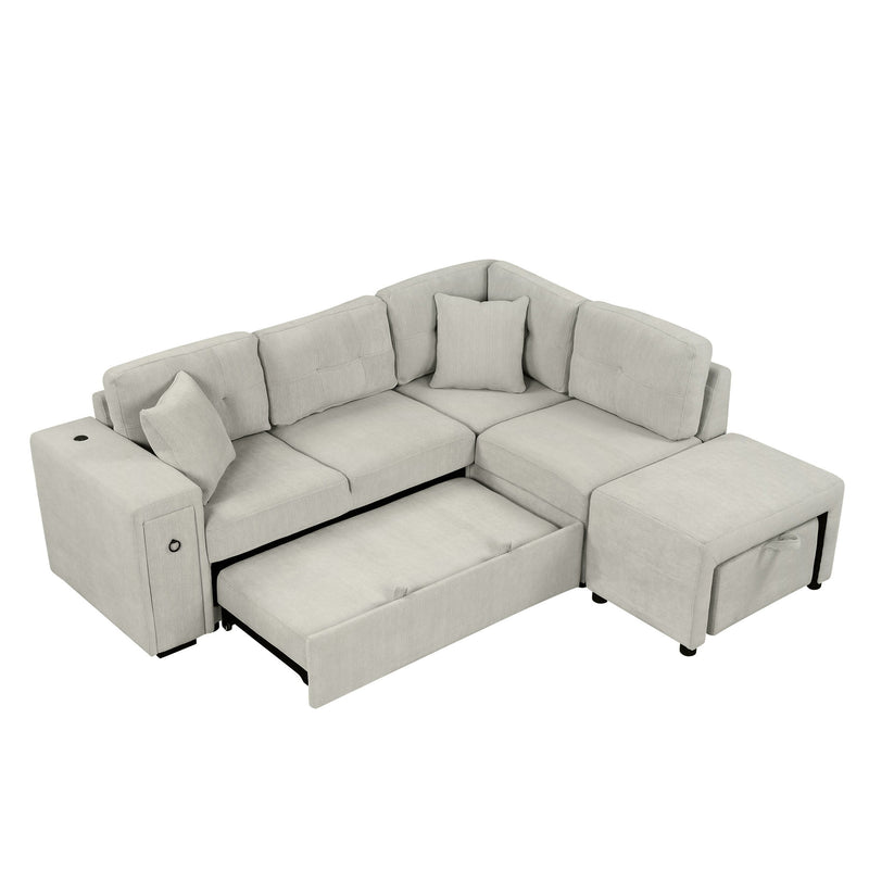 Sectional Sofa L-Shaped Sofa Couch Pull-Out Sofa Bed With A Movable Ottoman, Two USB Ports And Two Cup Holders For Living Room