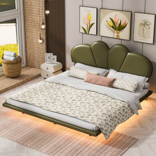 Queen Size Upholstery LED Floating Bed with PU Leather Headboard and Support Legs,Green