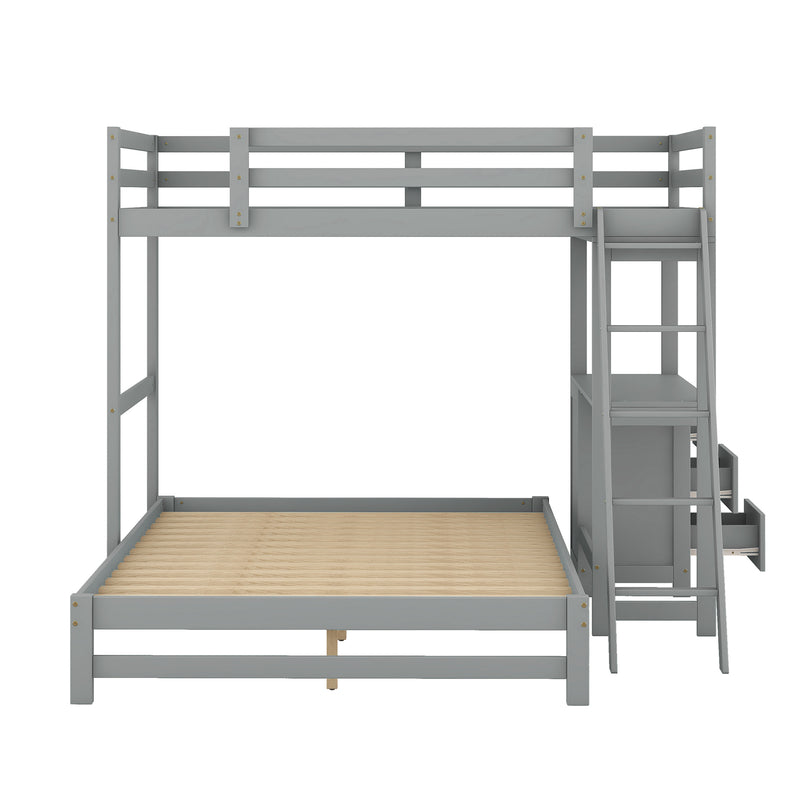 Twin over Full Bunk Bed with Built-in Desk and Three Drawers,Grey