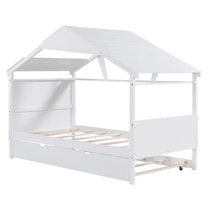 Wood Twin Size House Bed with Trundle and Storage, White