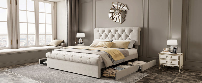 Queen size Upholstered Platform bed with Four Drawers, Antique Curved Headboard, Linen Fabric, Beige (without mattress)