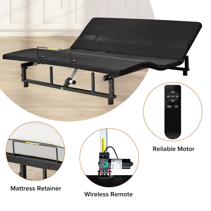 Adjustable Bed Base Frame Queen Bed Frame with Head and Foot Incline Wireless Remote Zero Gravity Quiet Motor Black Queen