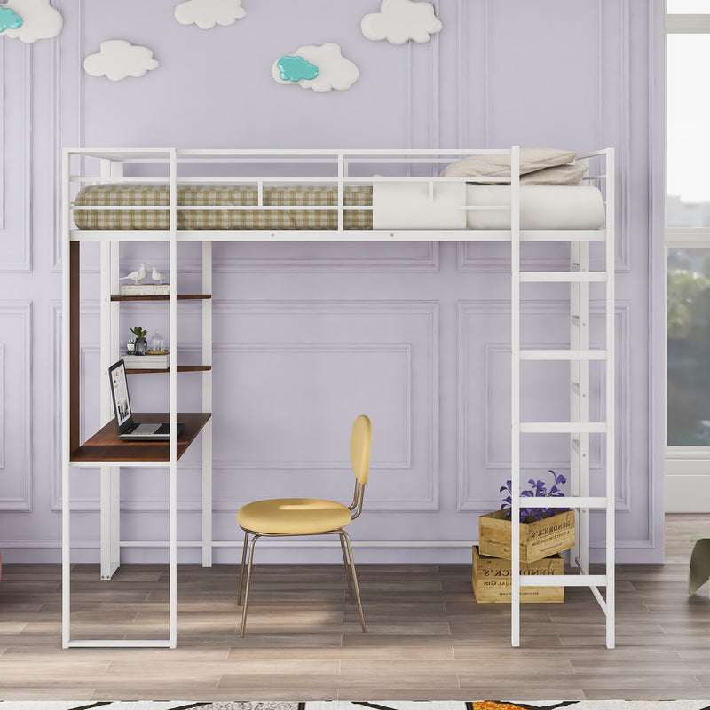 Twin Metal Loft Bed with 2 Shelves and one Desk ,WHITE(Old SKU: MF281206AAK)