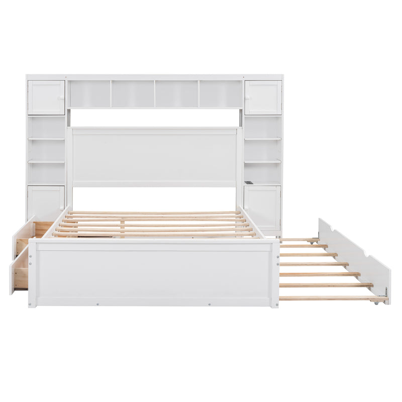 Queen Size Wooden Bed With All-in-One Cabinet, Shelf and Sockets, White