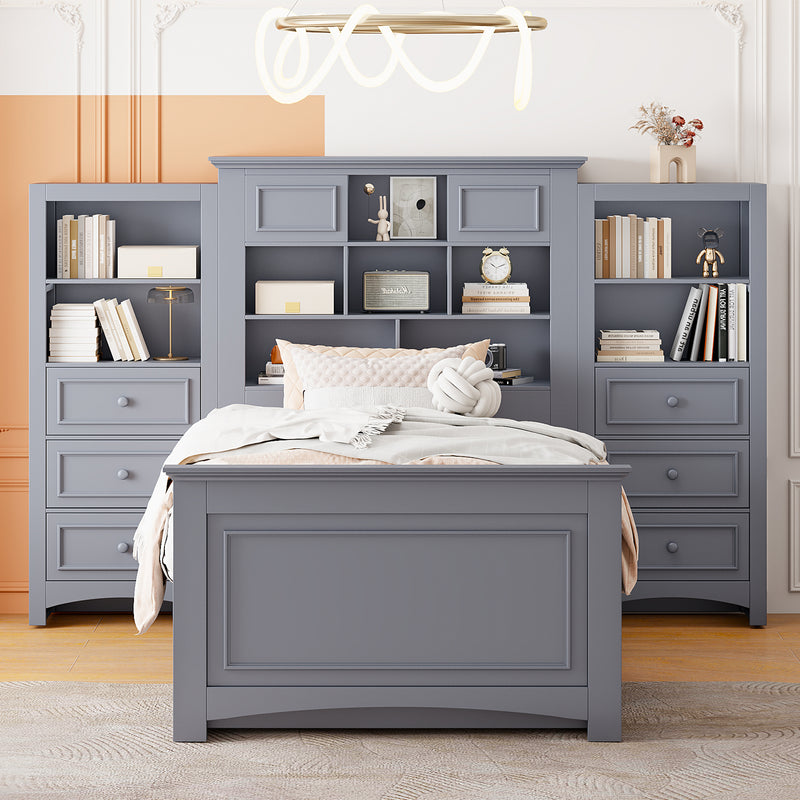 Twin Size Wood Platformbed with Vertical All-in-One Cabinet and 4 Drawers on each side, Gray