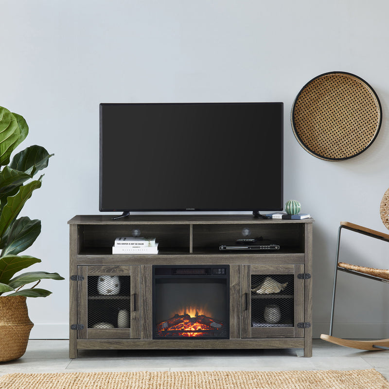 Modern Farmhouse TV Stand With Electric Fireplace, Fit Up To Flat Screen TV With Storage Cabinet And Adjustable Shelves Industrial Entertainment Center For Living Room - Gray