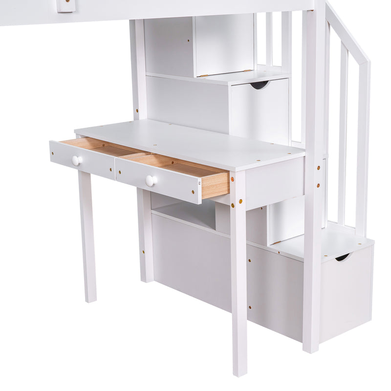 Twin size Loft Bed with Storage Drawers ,Desk and Stairs, Wooden Loft Bed with Shelves - White