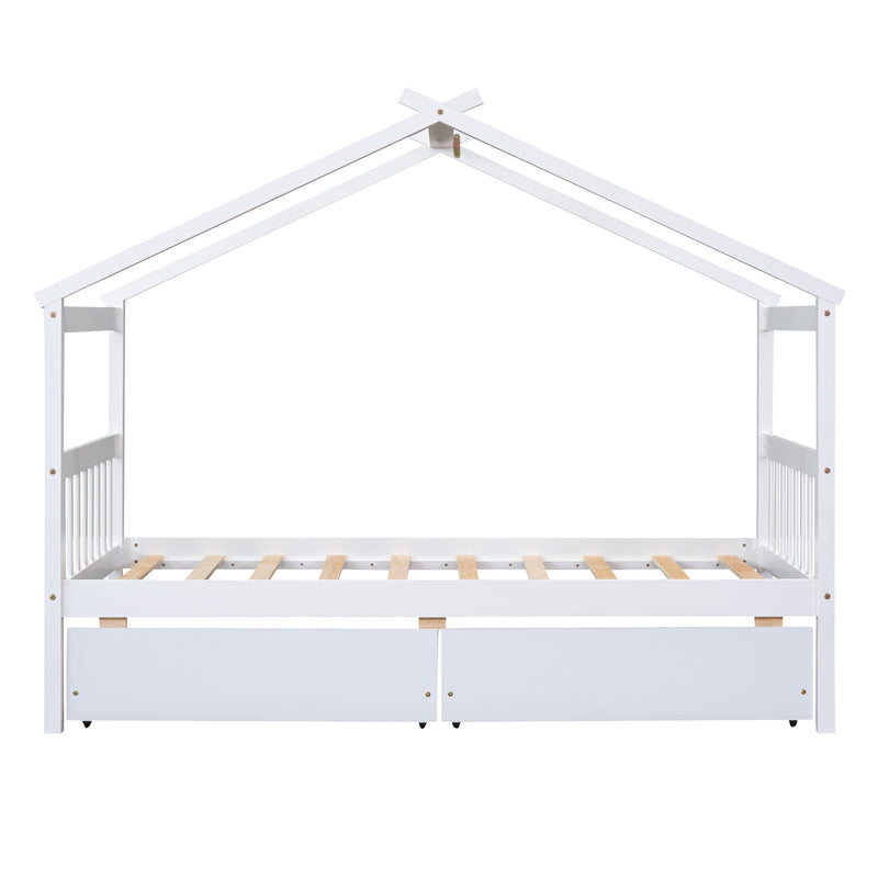 Twin Size Wooden House Bed with Drawers, White