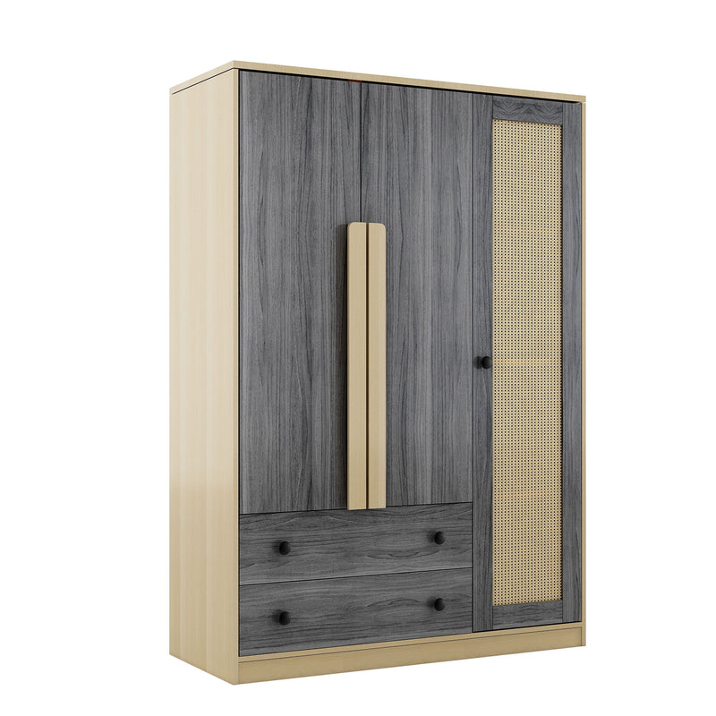 3 Doors Rattan Wardrobe Storage For Bedroom, With 2 Drawers