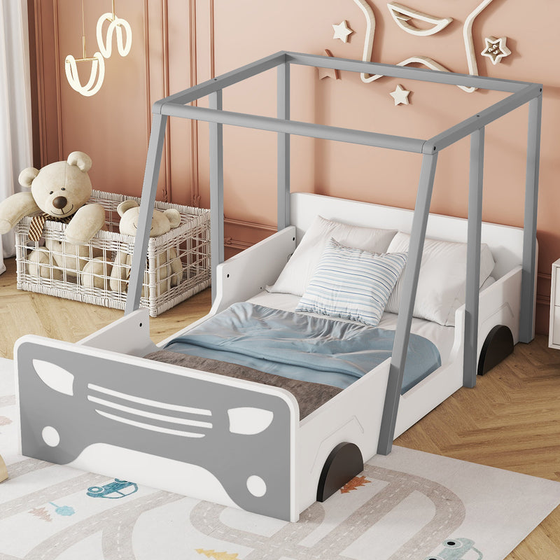 Twin Size Car-shaped Bed with Roof,Wooden Twin Floor Bed with wheels and door Design,Montessori Inspired Bedroom,Grey