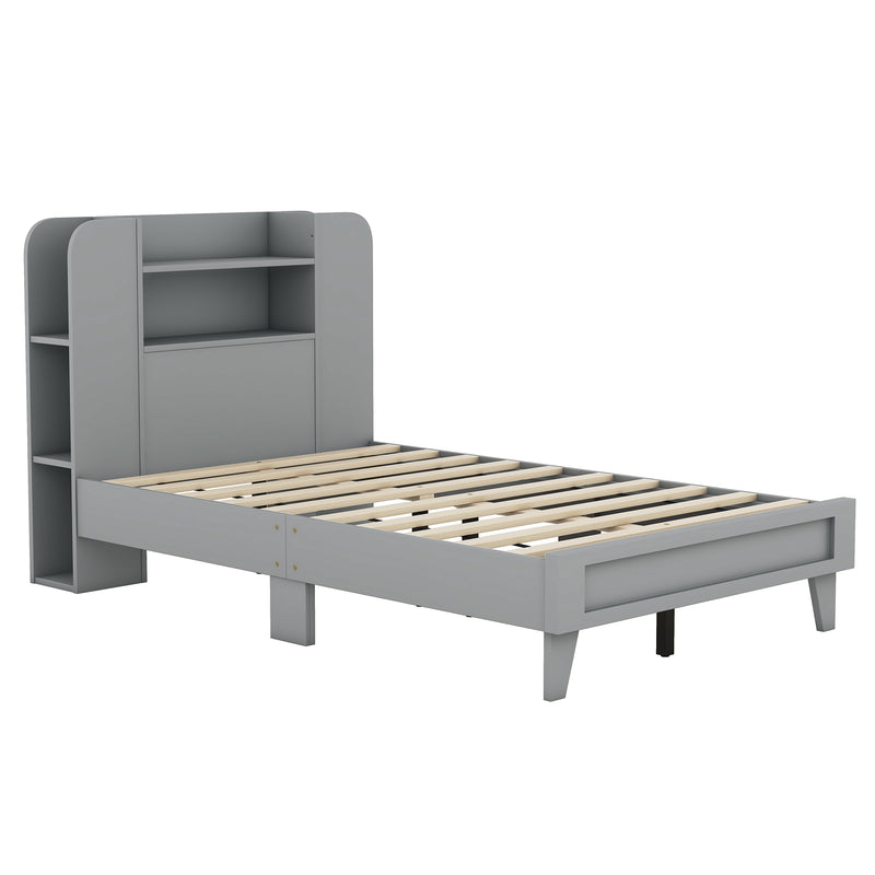 Twin Size Platform Bed with Storage Headboard,Multiple Storage Shelves on Both Sides,Grey