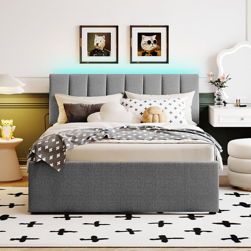 Teddy Fleece Full Size Upholstered Platform Bed with Trundle, Gray