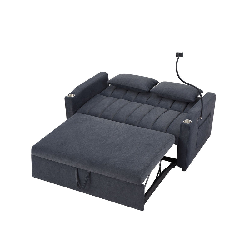 Convertible Sofa Bed Loveseat Sofa With Three USB Ports, Two Side Pockets, Two Cup Holders And 360° swivel Phone Holder For Living Room