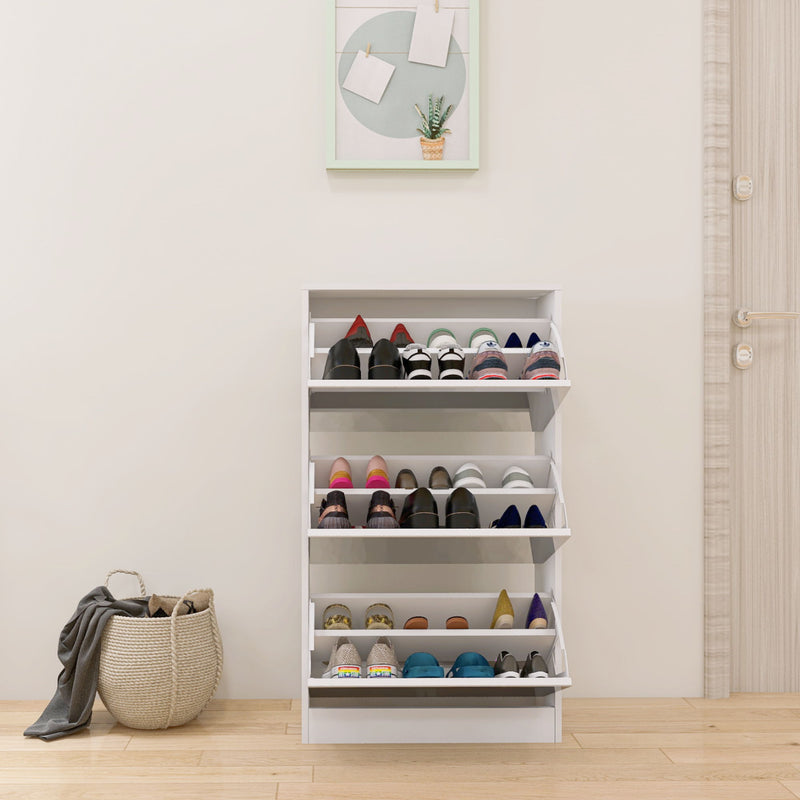 Narrow Shoe Storage Cabinet With Mirror, Wood Slim Shoe Rack 3 Tier Shoe Organizer For Home And Apartment - White