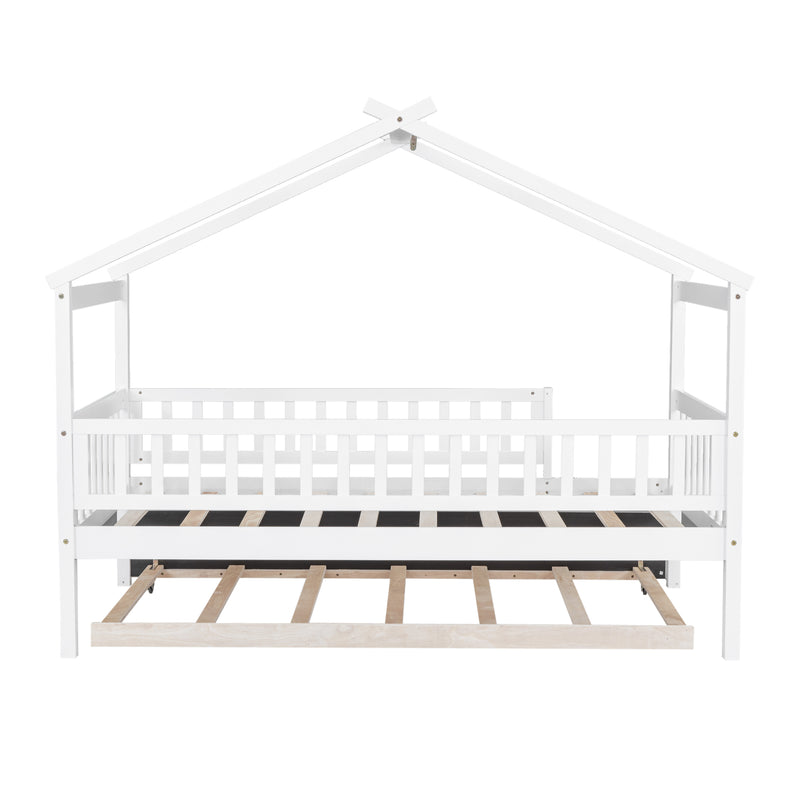 Twin Size Wooden House Bed with Twin Size Trundle, White