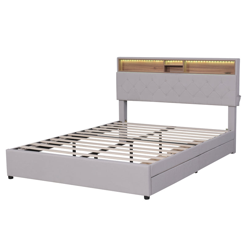 Queen Size Upholstered Platform Bed with Storage Headboard, LED, USB Charging and 2 Drawers, Beige