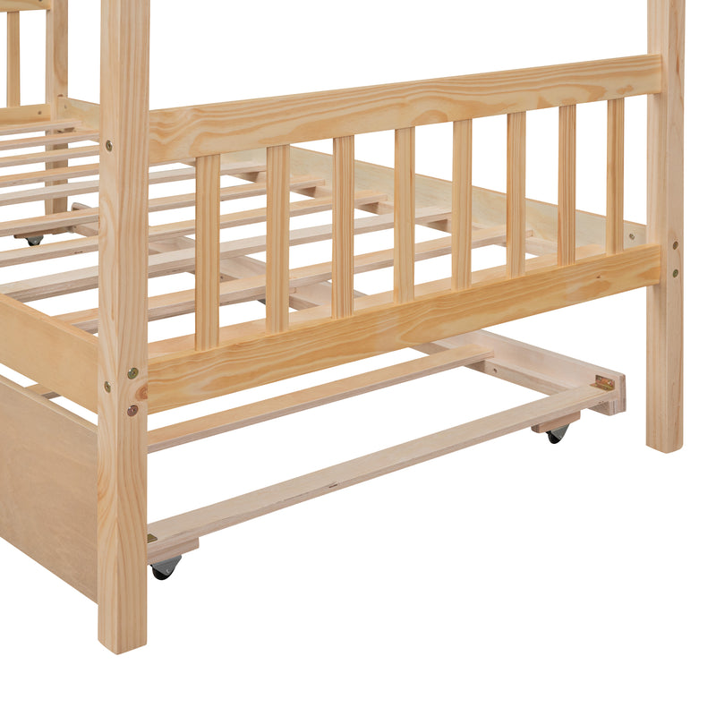 Twin Size Wooden House Bed with Twin Size Trundle, Natural