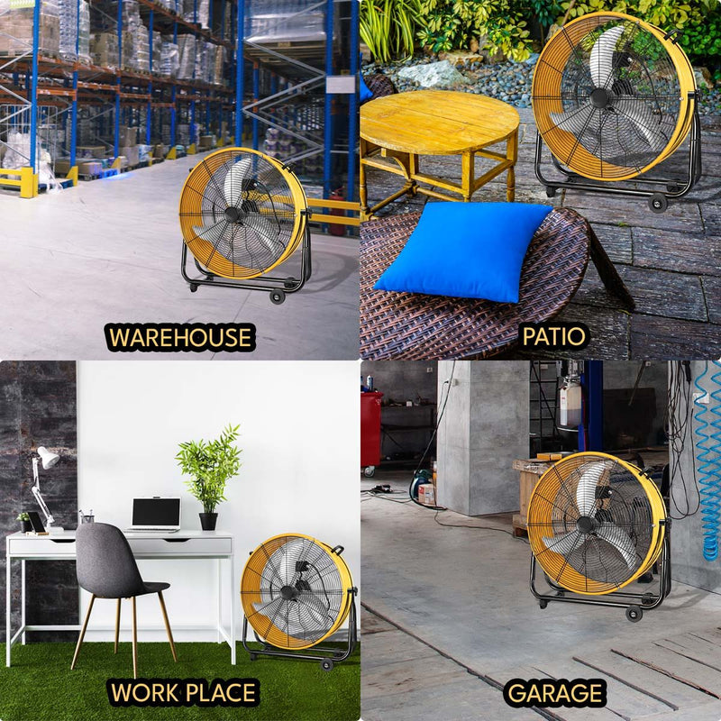 3 Speed Heavy Duty Metal Industrial Drum Fan, Air Circulation - Yellow