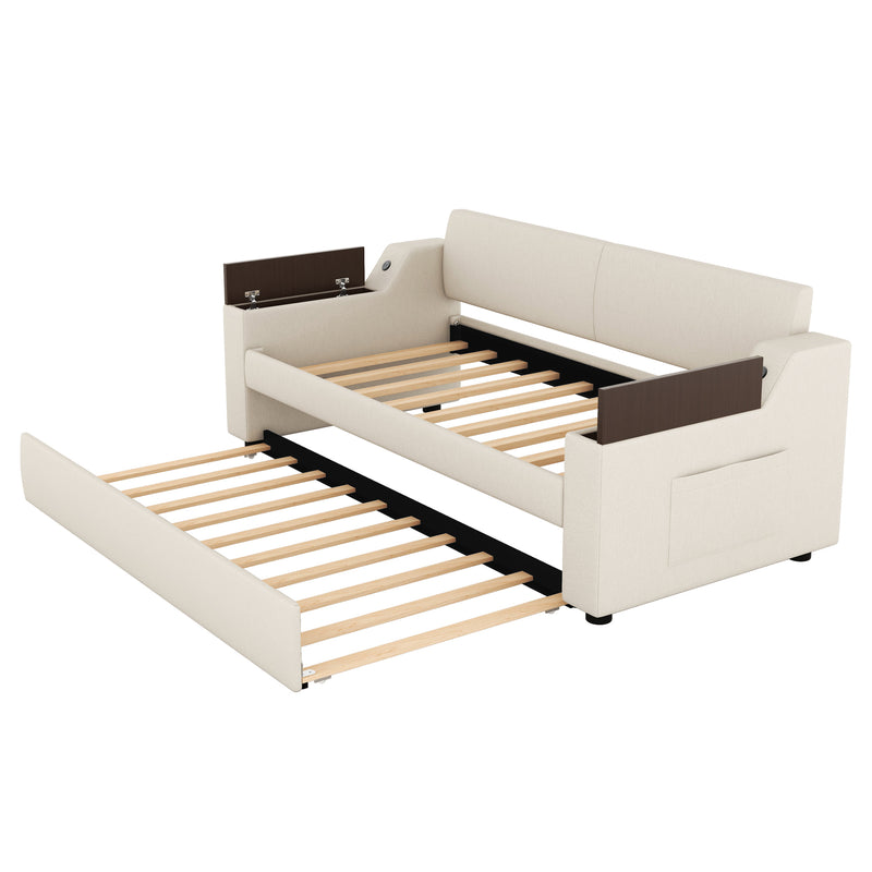 Twin Size Upholstery Daybed with Storage Arms, Trundle and USB Design, Beige