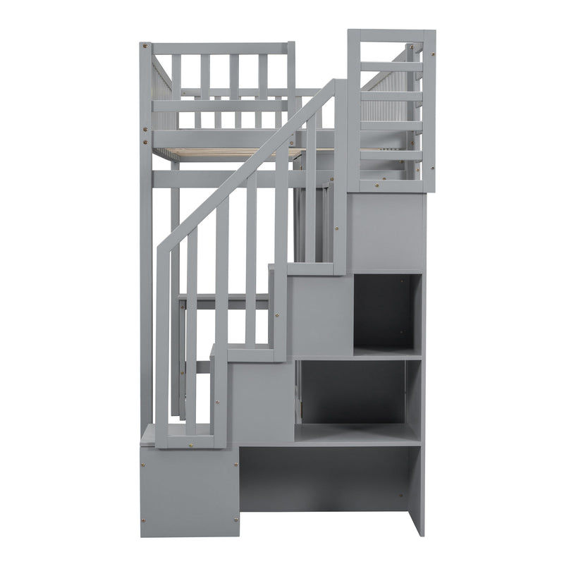 Twin Size Loft Bed With Bookshelf, Drawers, Desk, And Wardrobe - Gray