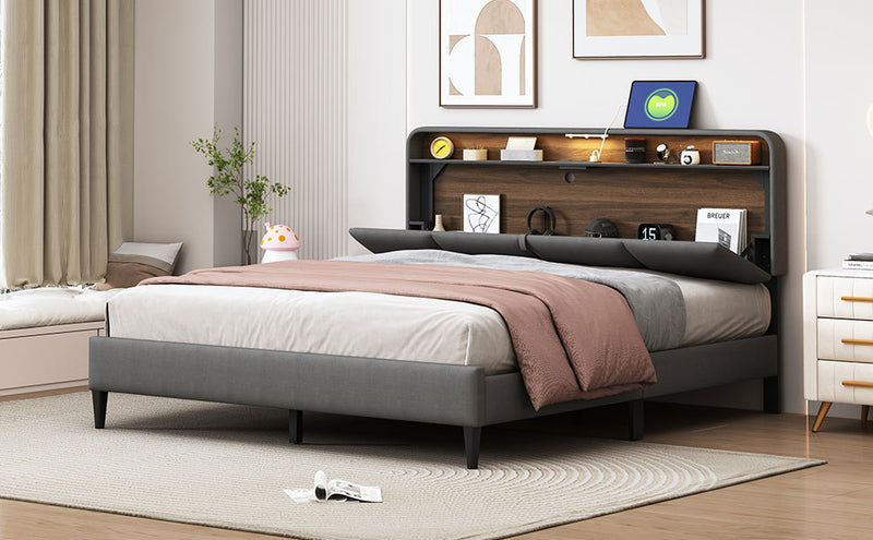 Queen size Upholstered Platform Bed with Storage Headboard, Sensor Light and a set of Sockets and USB Ports, Linen Fabric, Gray