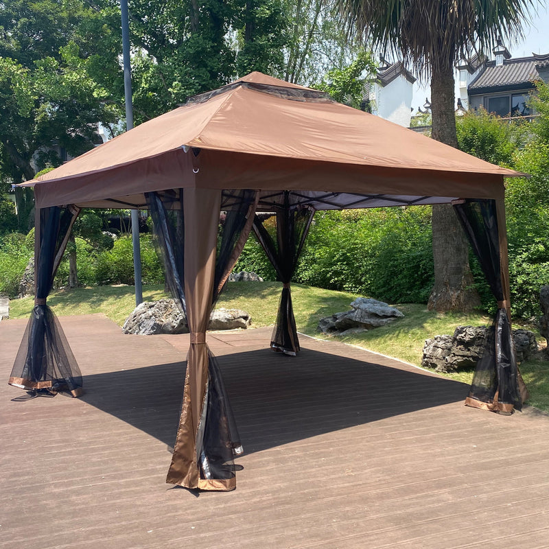 Outdoor 11X 11Ft Pop Up Gazebo Canopy With Removable Zipper Netting, 2 Tier Soft Top Event Tent, Suitable For Patio Backyard Garden Camping Area With 4 Sandbags - Brown