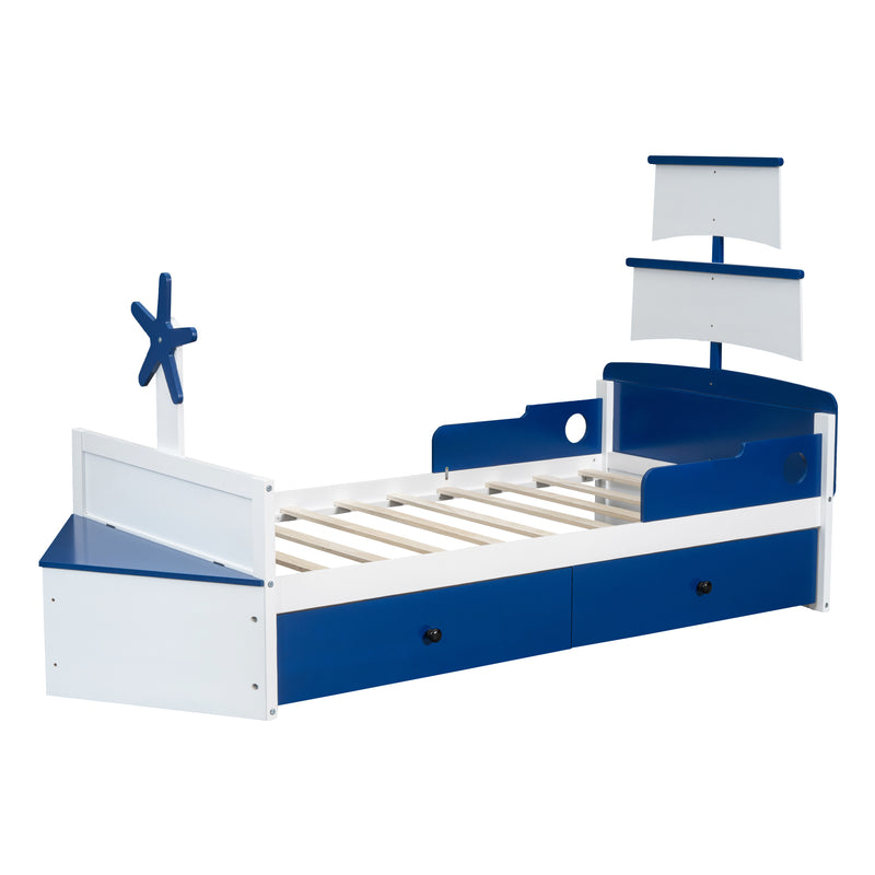 Twin Size Boat-Shaped Platform Bed with 2 Drawers ,Twin Bed with Storage for Bedroom,Blue