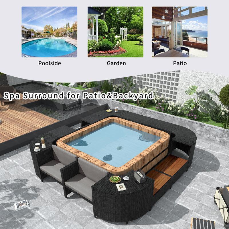 Spa Surround Spa Frame Quadrilateral Outdoor Rattan Sectional Sofa Set With Mini Sofa, Wooden Seats And Storage Spaces