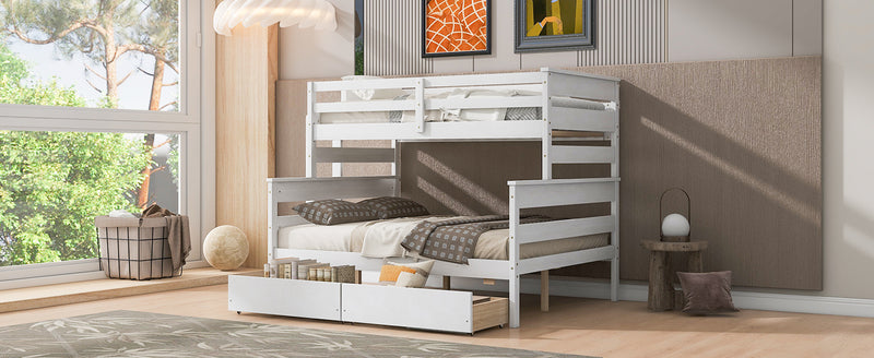 Wood Twin over Full Bunk Bed with 2 Drawers, White