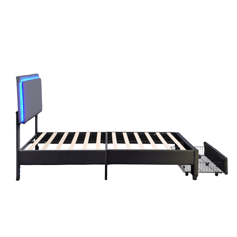 Upholstered Platform Bed with LED Lights and Two Motion Activated Night Lights,Queen Size Storage Bed with Drawer, Black