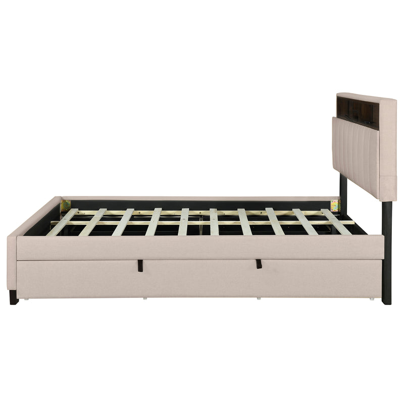 Queen size Upholstered Platform Bed with Storage Headboard, Twin XL Size Trundle & 2 drawers and a set of Sockets & USB Ports, Linen Fabric, Beige