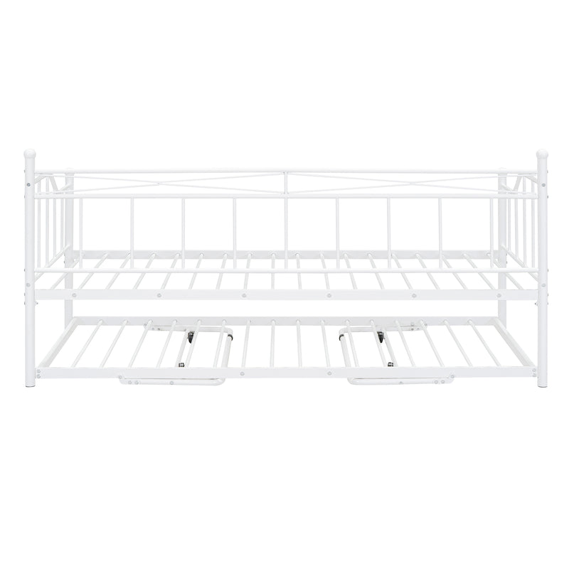 Twin Size Metal Daybed with Twin Size Adjustable Trundle, Portable Folding Trundle, White