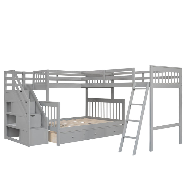 Twin over Full L-Shaped Bunk Bed With 3 Drawers, Ladder and Staircase - Gray