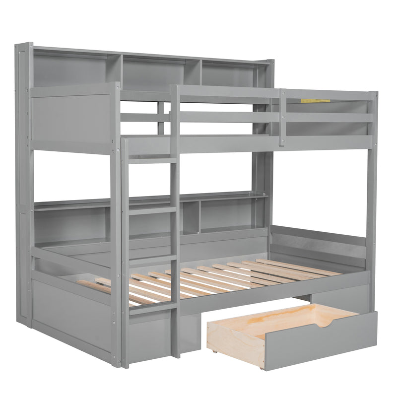 Twin Size Bunk Bed with Built-in Shelves Beside both Upper and Down Bed and Storage Drawer,Gray