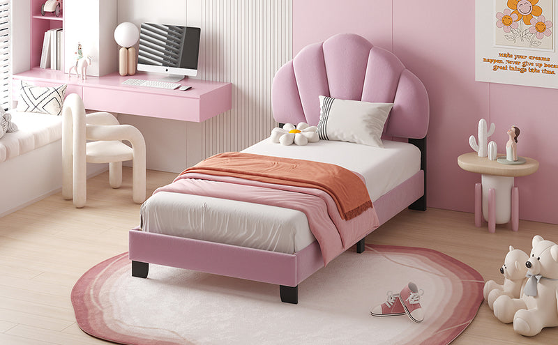 Twin Size Upholstered Velvet Platform Bed with Shell-Shaped Headboard, Pink