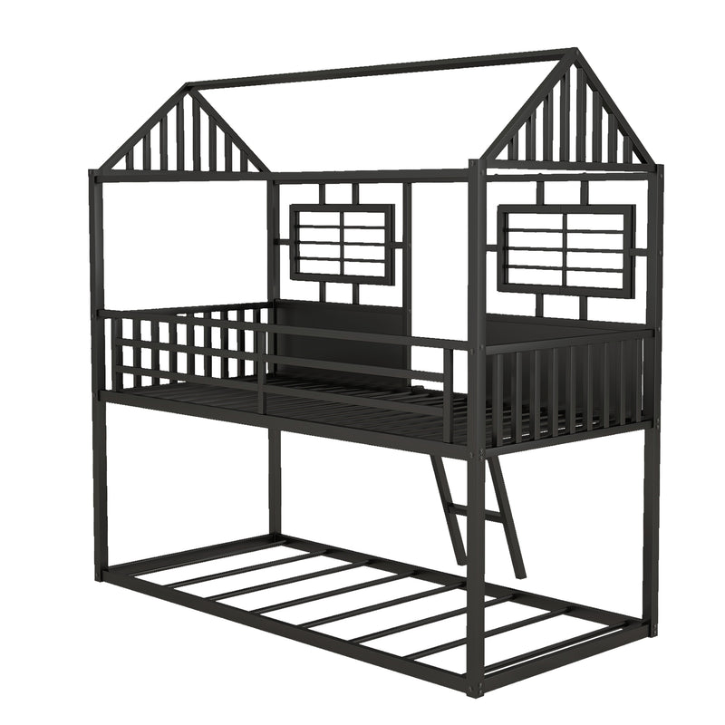 Twin over Twin Size Metal Low Bunk Beds with Roof and Fence-shaped Guardrail, Black