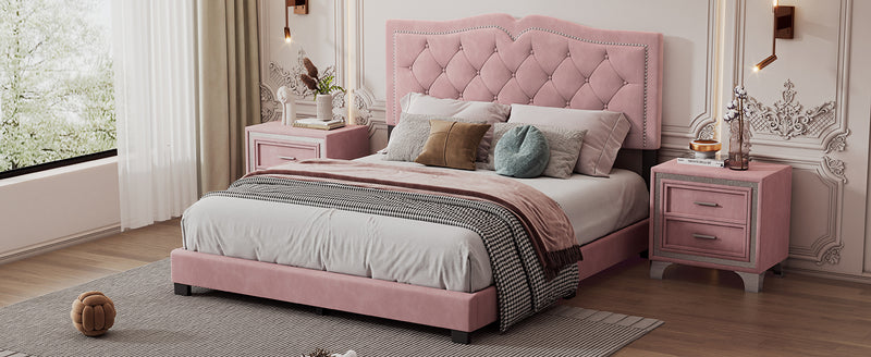 Queen Size Upholstered Bed Frame with Rivet Design, Modern Velvet Platform Bed with Tufted Headboard,Pink