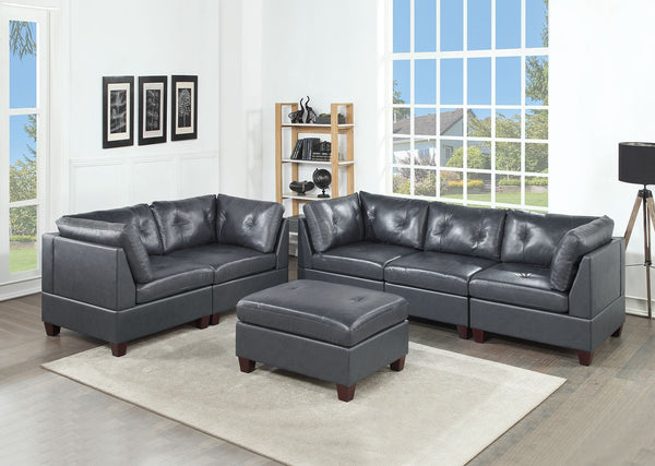 Contemporary Genuine Leather Black Tufted 6pc Sectional Set 4x Corner Wedge 1x Armless Chair 1x Ottomans Living Room Furniture Sofa Couch