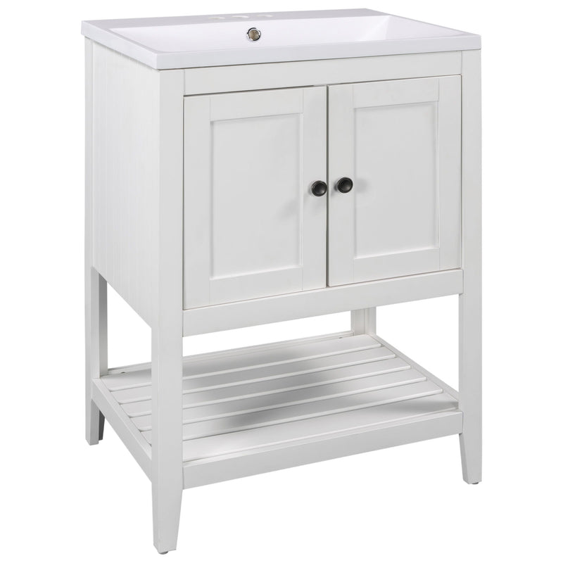 Modern Sleek Bathroom Vanity Elegant Ceramic Sink With Solid Wood Frame Open Style Shelf - White