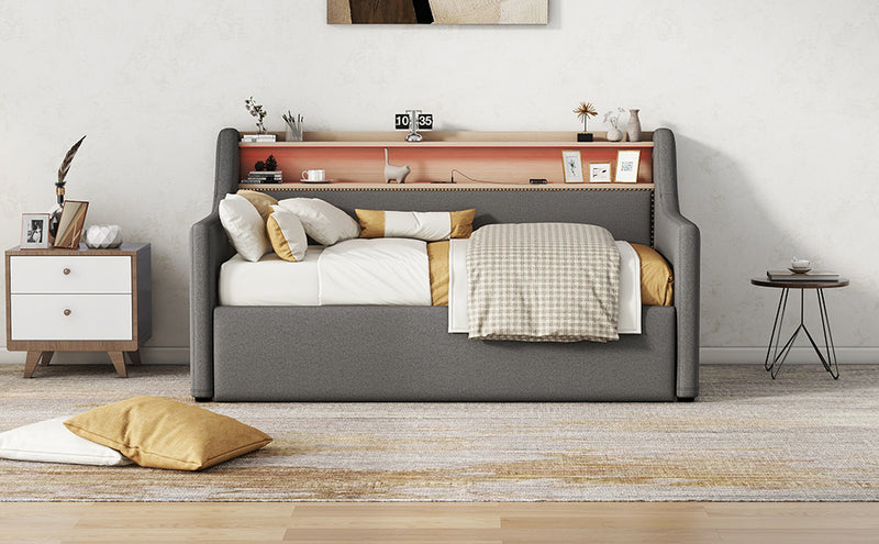 Twin Size Daybed with Hydraulic Storage, Upholstered Daybed with Lift Up Storage, Twin Linen Daybed with Charging Station and LED Lights,Gray(Expect arrival date 2024.2.20)